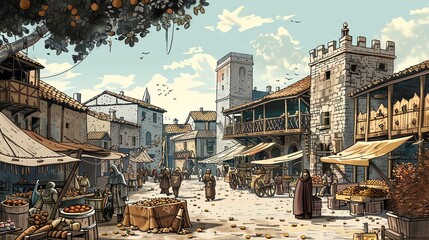 Poster - A cartoon illustration of a medieval marketplace.