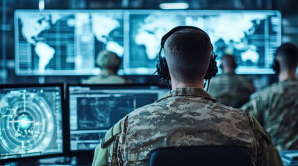 Poster - Military Personnel Analyzing Data in High-Tech Operations Center