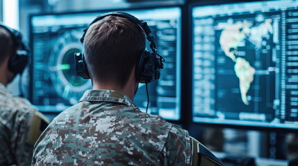 Poster - Military Personnel Engaged in High-Tech Data Analysis in Control Room