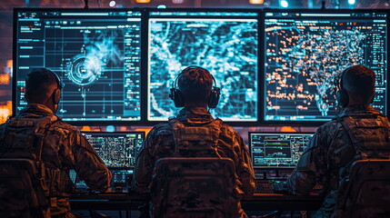 Poster - Military Personnel Analyzing Data on Advanced Technology Control Center