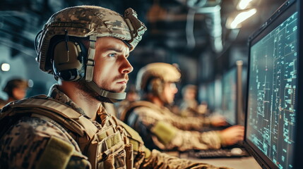 Poster - Military Personnel Engaged in Technology Operations in Modern Command Center