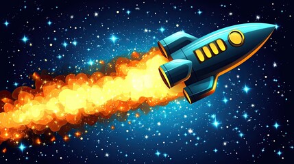 Wall Mural - rocket launching into starry space, fiery trail, cosmic background, for game design.
