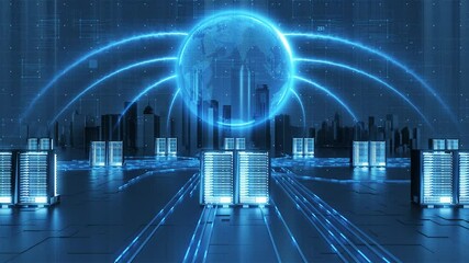 Technology earth data flow, global Internet information processing. Future high-tech server cluster, AI and IOT innovation development.