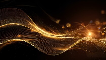 Poster - Abstract wave particle technology background. Abstract gold background with wavy particle lines on the dark background. 