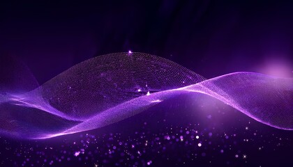 Poster - Abstract wave particle technology background. Abstract purple background with wavy particle lines on the dark background. 