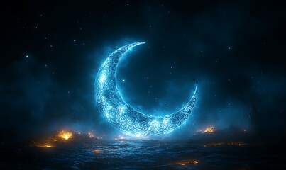 glowing crescent moon over mystical landscape.