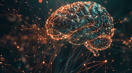 Poster - An abstract representation of a brain made of glowing blue lines and dots, on a dark background with bokeh.