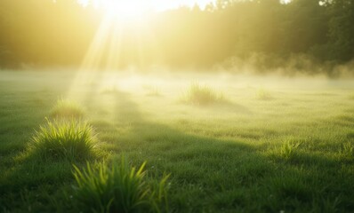 Canvas Print - Sunlit mist over a grassy meadow