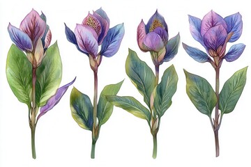 Wall Mural - A botanical illustration of stylized flowers with vibrant colors and detailed leaves.