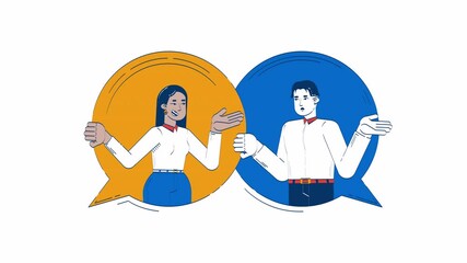 Poster - Dialogue between diverse colleagues in speech bubbles doodle animation. Mentoring talk 4K video motion graphic. Coworkers engaging conversation animated 2D flat cartoon concept, white background