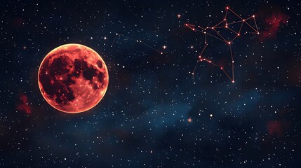 Wall Mural - A background of a starry night sky with a bright full moon and constellations.