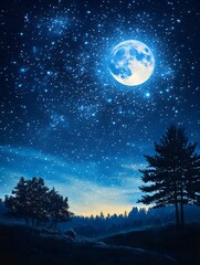Wall Mural - A background of a starry night sky with a bright full moon and constellations.