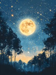 Wall Mural - A background of a starry night sky with a bright full moon and constellations.