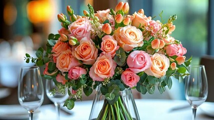 Poster - A stunning bouquet of pink and peach roses is displayed elegantly on a table, creating a romantic atmosphere.