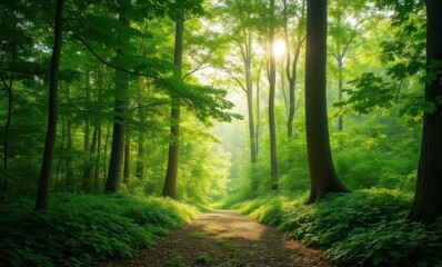 Wall Mural - Serene forest path bathed in sunlight