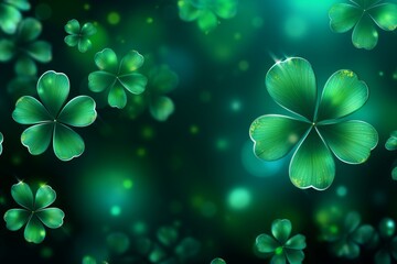 Poster - Saint patrick's day greeting card with green shamrocks floating on a magical dark green background with golden sparkles