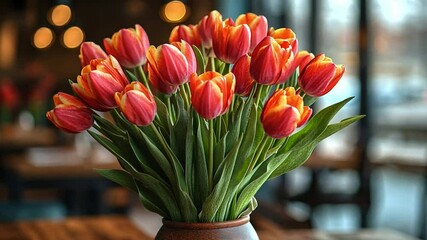 Poster - A vibrant bouquet of tulips in shades of red and orange fills a rustic vase. The cozy cafe setting features warm lighting, creating an inviting atmosphere perfect for spring gatherings.