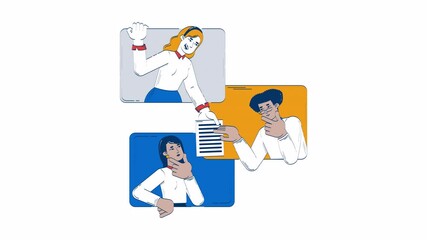 Poster - Virtual team collaborating through online interaction doodle animation. Proofreading 4K video motion graphic. Remote colleagues sharing document animated 2D flat cartoon concept, white background