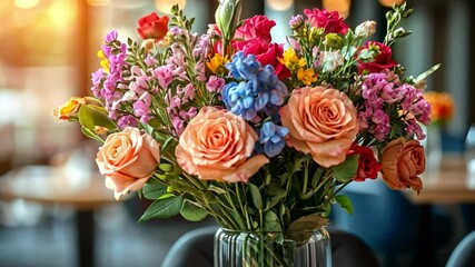 Poster - A beautiful bouquet of assorted roses and mixed flowers brightens the table in a cozy indoor location. Perfect for a romantic Valentine's Day celebration, adding warmth and joy to the environment.