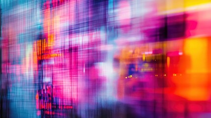Poster - abstract blurred digital wall of multimedia screens displaying vibrant colors, images, and content for digital media, technology, and communication co