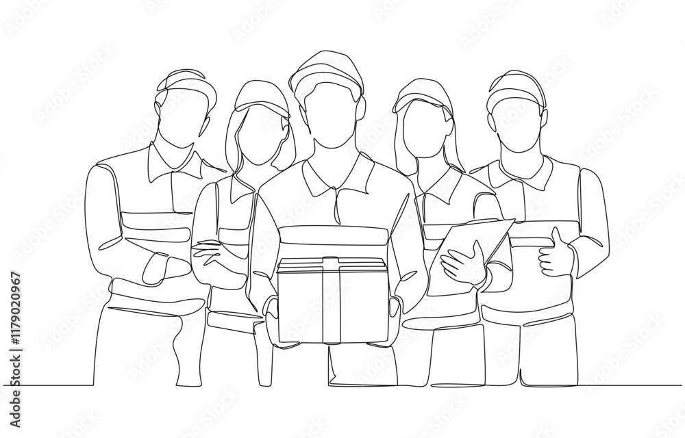 Continuous one line drawing of delivery service staffs standing in confident pose, shipping company, logistics business concept, single line art