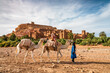 © Matteo Colombo - Woman riding a camel in front of old fortified town, Ait Benhaddou, Morocco