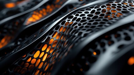Explore a striking abstract background featuring dark steel mesh, with bold black and orange polygons for a modern tech vibe.