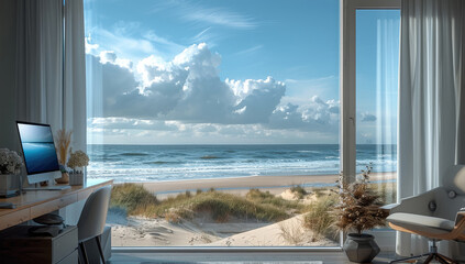 Aufkleber - An exclusive room with windows to ocean and beach with a office desk.