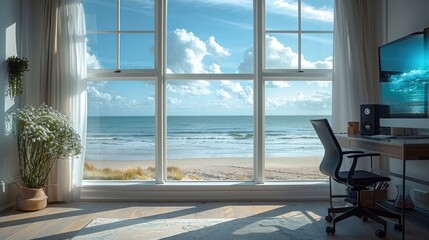 Aufkleber - An exclusive room with windows to ocean and beach with a office desk.
