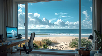 Aufkleber - An exclusive room with windows to ocean and beach with a office desk.