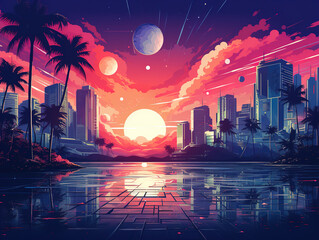 Wall Mural - Superb night city in retro wave style