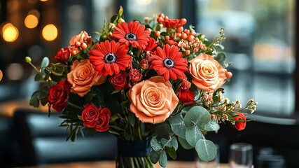 Poster - A vibrant arrangement of red and orange roses with gerbera daisies fills the table, perfect for a romantic Valentine's Day setting in a cozy restaurant. Soft lighting enhances the atmosphere.