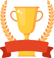 Wall Mural - awards flat. sport trophy, golden cup, laurel wreaths and red empty ribbon, winner symbol badge desi