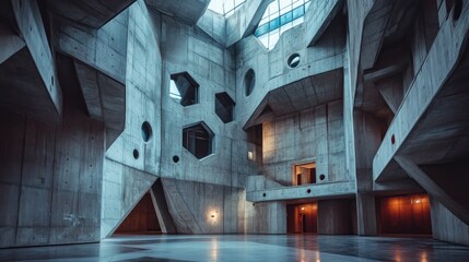 Wall Mural - Abstract concrete architecture interior with geometric shapes, voids, and natural light.