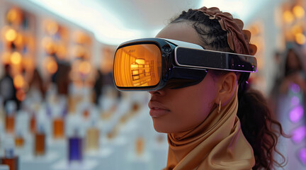 Poster - A woman wearing VR headgear, smelling a nice smell in the air, in an event of launching a perfume in the market, in a luxurious settings venue.