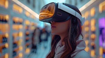 Poster - A woman wearing VR headgear, smelling a nice smell in the air, in an event of launching a perfume in the market, in a luxurious settings venue.