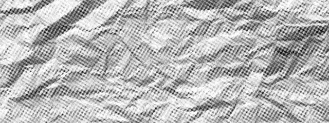 Leinwandbilder - Vector old paper background. Retro halftone effect. Crumpled sheet template. Rough grungy wrinkled overlay. Aged gritty dusty dark grey page mockup. Distressed snow peaks mountain range collage bg