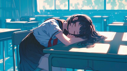 Schoolgirl Sleeping on Desk - Anime Illustration