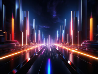 Wall Mural - Awesome 3d render, glowing lines, tunnel, neon lights, virtual reality, abstract background