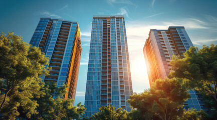 Aufkleber - Modern high-rise apartment buildings, clean and contemporary design, natural landscape blending with urban architecture, lighting and reflections on glass windows, calm and peaceful atmosphere.