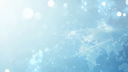 Poster - light blue background with a digital world map and global network connections, representing the concept of international business or connectivity