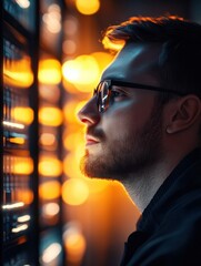 Poster - side view of an it technician working in the aisle of a data center room in selective focus facing d