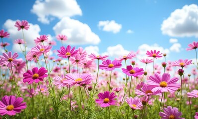 Canvas Print - Vibrant pink flowers under a blue sky