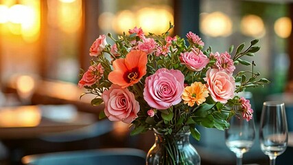 Poster - A stunning bouquet featuring pink roses, vibrant flowers, and lush greenery is elegantly arranged in a glass vase. The warm sunlight creates a romantic atmosphere perfect for Valentine's Day.
