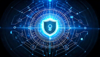 Poster - Stunning abstract digital art depicting a glowing blue security shield within a complex network. Ideal for illustrating cybersecurity, data protection, or technological innovation.