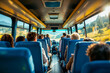 Interior of a Passenger Bus Filled with Seated Travelers Enjoying a Scenic Countryside Journey During Daytime