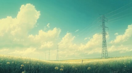 Wall Mural - Lush field with power lines under a pastel sky.