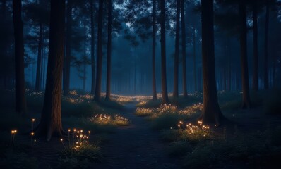 Wall Mural - Mystical forest path with glowing flowers