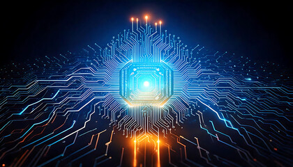 Poster - Stunning abstract image of a central processing unit (CPU) with glowing blue and orange circuitry.  Perfect for tech, AI, data science, and innovation concepts.