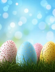 Wall Mural - Colorful Easter Eggs On Green Grass Over Blue Bokeh Background Horizontal Banner Vector Illustration